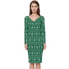 Wallpaper Ugly Sweater Backgrounds Christmas Long Sleeve V-neck Bodycon Dress  by artworkshop