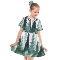 Tree Watercolor Painting Pine Forest Kids  Short Sleeve Shirt Dress by Hannah976