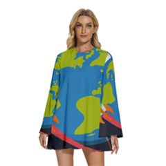 Spaceship Design Round Neck Long Sleeve Bohemian Style Chiffon Mini Dress by Bedest