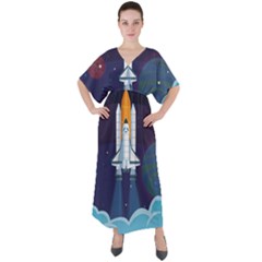 Spaceship Milkyway Galaxy V-neck Boho Style Maxi Dress by Bedest