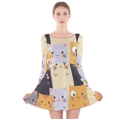 Seamless Pattern Cute Cat Cartoons Long Sleeve Velvet Skater Dress by Bedest