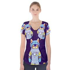 Cat Astronaut Space Retro Universe Short Sleeve Front Detail Top by Bedest