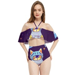 Cat Astronaut Space Retro Universe Halter Flowy Bikini Set  by Bedest