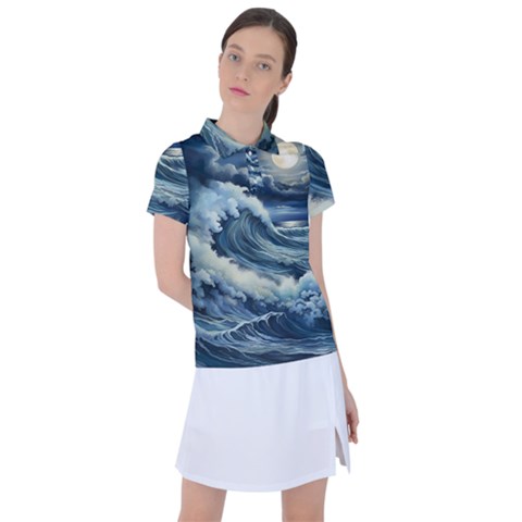 Waves Storm Sea Moon Landscape Women s Polo T-shirt by Bedest