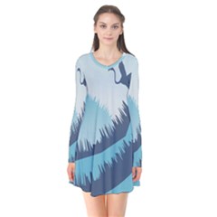 Swan Flying Bird Wings Waves Grass Long Sleeve V-neck Flare Dress by Bedest