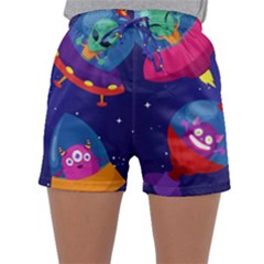 Cartoon Funny Aliens With Ufo Duck Starry Sky Set Sleepwear Shorts by Ndabl3x