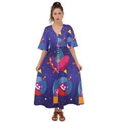 Cartoon Funny Aliens With Ufo Duck Starry Sky Set Kimono Sleeve Boho Dress by Ndabl3x