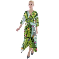 Dinosaur T-rex Dino Tyrannasaurus Quarter Sleeve Wrap Front Maxi Dress by Sarkoni