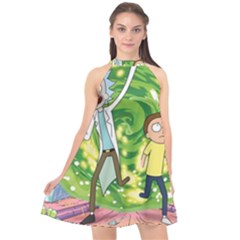 Rick And Morty Adventure Time Cartoon Halter Neckline Chiffon Dress  by Bedest