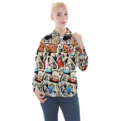 Comical Words Animals Comic Omics Crazy Graffiti Women s Long Sleeve Pocket Shirt by Bedest