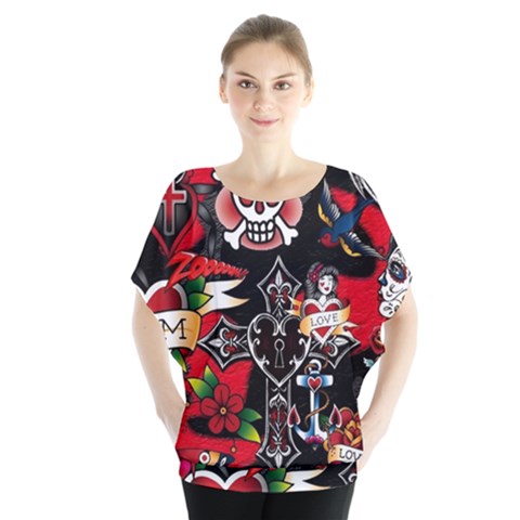 Graffiti Tatoo Skate Art Boom Batwing Chiffon Blouse by Bedest