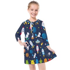 Big Set Cute Astronauts Space Planets Stars Aliens Rockets Ufo Constellations Satellite Moon Rover V Kids  Quarter Sleeve Shirt Dress by Hannah976