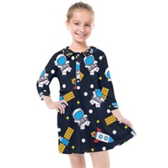 Seamless Adventure Space Vector Pattern Background Kids  Quarter Sleeve Shirt Dress by Hannah976