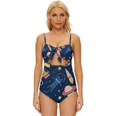 Seamless Pattern With Funny Aliens Cat Galaxy Knot Front One-piece Swimsuit by Hannah976