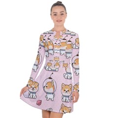 Set Kawaii Smile Japanese Dog Akita Inu Cartoon Long Sleeve Panel Dress by Hannah976