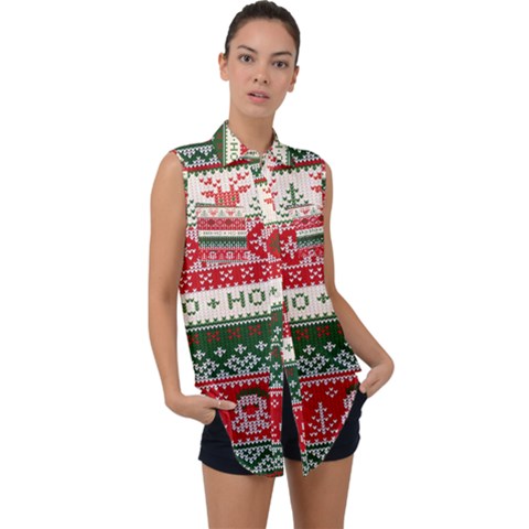 Ugly Sweater Merry Christmas  Sleeveless Chiffon Button Shirt by artworkshop