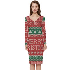 Merry Christmas  Pattern Long Sleeve V-neck Bodycon Dress  by artworkshop