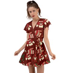 Ugly Sweater Wrapping Paper Flutter Sleeve Wrap Dress by artworkshop