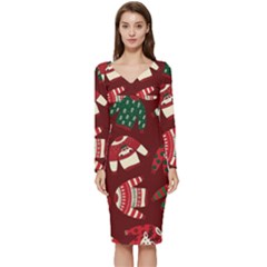 Ugly Sweater Wrapping Paper Long Sleeve V-neck Bodycon Dress  by artworkshop