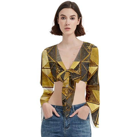 Golden Mosaic Tiles  Trumpet Sleeve Cropped Top by essentialimage365