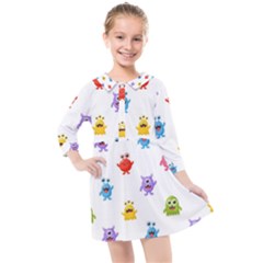 Seamless Pattern Cute Funny Monster Cartoon Isolated White Background Kids  Quarter Sleeve Shirt Dress by Hannah976