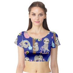 Hand Drawn Cute Sloth Pattern Background Short Sleeve Crop Top by Hannah976