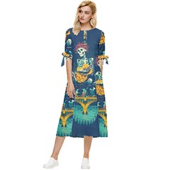 Grateful Dead Singing Skeleton Bow Sleeve Chiffon Midi Dress by Bedest