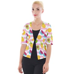 Tropical Fruits Berries Seamless Pattern Cropped Button Cardigan by Ravend