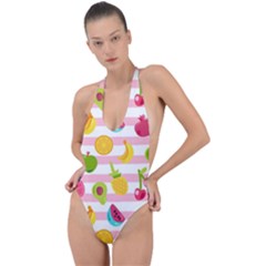 Tropical Fruits Berries Seamless Pattern Backless Halter One Piece Swimsuit by Ravend