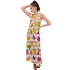 Tropical Fruits Berries Seamless Pattern V-neck Chiffon Maxi Dress by Ravend