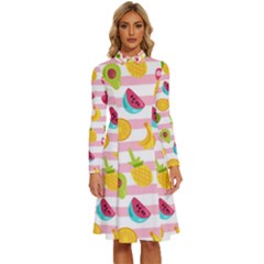 Tropical Fruits Berries Seamless Pattern Long Sleeve Shirt Collar A-line Dress by Ravend