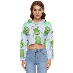 Cute Green Frogs Seamless Pattern Women s Lightweight Cropped Hoodie by Ravend