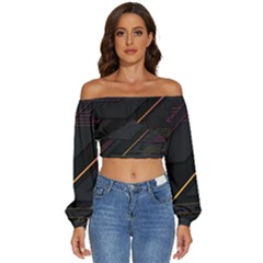 Gradient Geometric Shapes Dark Background Long Sleeve Crinkled Weave Crop Top by Apen