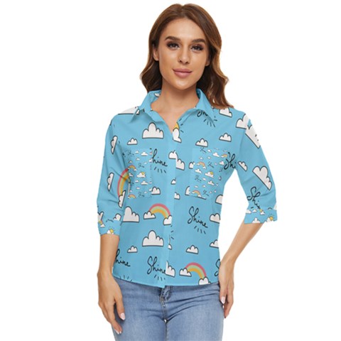 Seamless Pattern Vector Owl Cartoon With Bugs Women s Quarter Sleeve Pocket Shirt by Apen