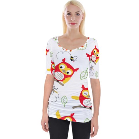 Seamless Pattern Vector Owl Cartoon With Bugs Wide Neckline T-shirt by Apen