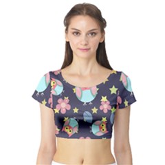 Owl Stars Pattern Background Short Sleeve Crop Top by Apen