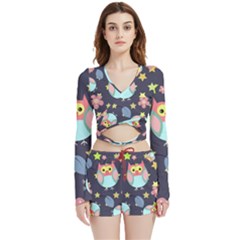 Owl Stars Pattern Background Velvet Wrap Crop Top And Shorts Set by Apen