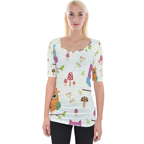 Forest Seamless Pattern With Cute Owls Wide Neckline T-shirt by Apen