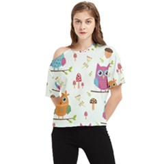 Forest Seamless Pattern With Cute Owls One Shoulder Cut Out T-shirt by Apen