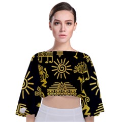 Maya Style Gold Linear Totem Icons Tie Back Butterfly Sleeve Chiffon Top by Apen