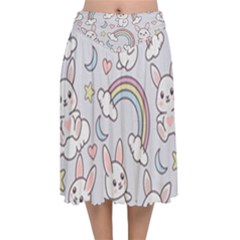 Seamless Pattern With Cute Rabbit Character Velvet Flared Midi Skirt by Apen