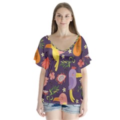 Exotic Seamless Pattern With Parrots Fruits V-neck Flutter Sleeve Top by Ravend