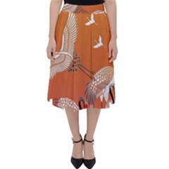 Japanese Crane Painting Of Birds Classic Midi Skirt by Cendanart