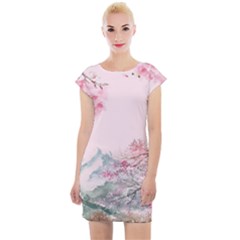 Pink Chinese Style Cherry Blossom Cap Sleeve Bodycon Dress by Cendanart