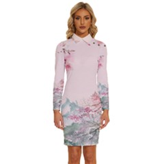 Pink Chinese Style Cherry Blossom Long Sleeve Shirt Collar Bodycon Dress by Cendanart