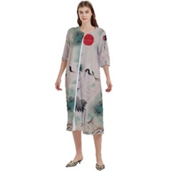 Japanese Crane Painting Of Bird Women s Cotton 3/4 Sleeve Night Gown by Cendanart