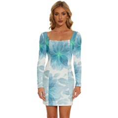 Blue-flower Long Sleeve Square Neck Bodycon Velvet Dress by saad11