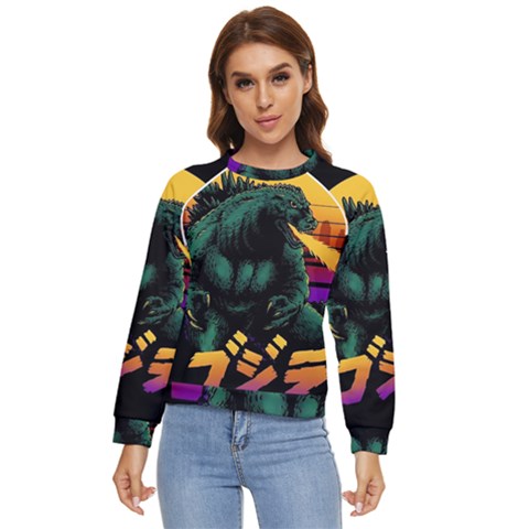 Godzilla Retrowave Women s Long Sleeve Raglan T-shirt by Cendanart