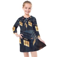 Tardis Bbc Doctor Who Dr Who Kids  Quarter Sleeve Shirt Dress by Cendanart