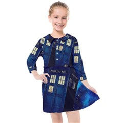 Tardis Doctor Who Space Galaxy Kids  Quarter Sleeve Shirt Dress by Cendanart